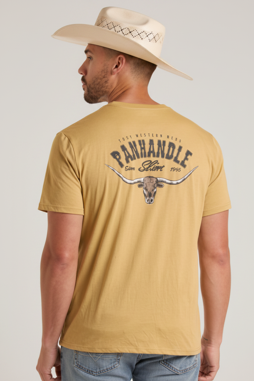 Man wearing a tan t-shirt with 'Panhandle' branding and a cowboy hat.