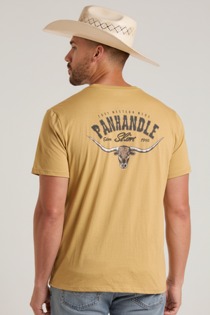 Man wearing a tan t-shirt with 'Panhandle' branding and a cowboy hat.