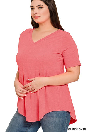 PLUS LUXE RAYON SHORT SLEEVE V-NECK HI-LOW HEM TOP