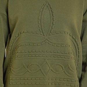 Close-up of a green garment with intricate patterns on the back