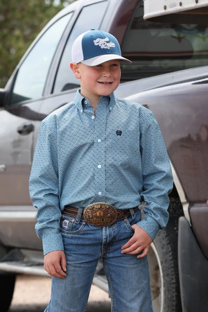 Cinch Youth Boy's Blue Geometric Print Button Down Shirt