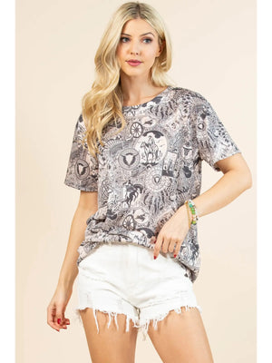 SALLY Western Print Relaxed Fit Short Sleeve T-Shirt
