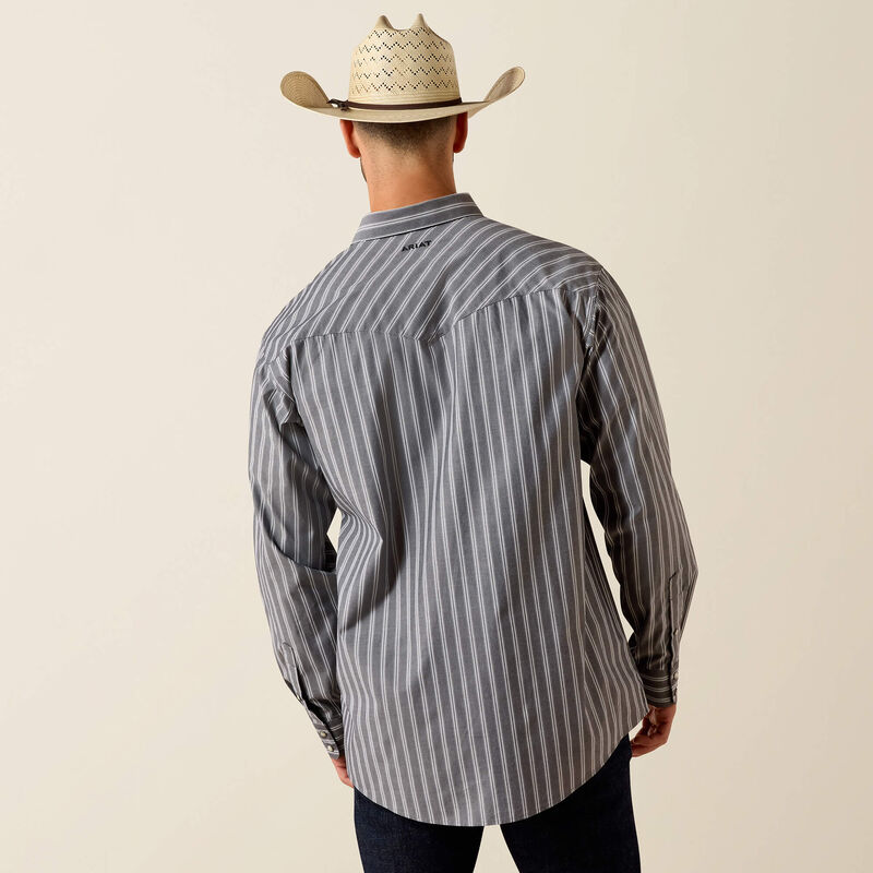 Grey striped long sleeve snap down western shirt