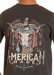 Black t-shirt with graphic design and 'American Made' text on the back