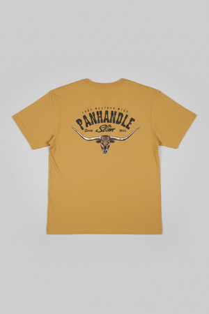Yellow t-shirt with Panhandle Slim logo and longhorn design on the back