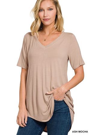 ZENA LUXE RAYON SHORT SLEEVE V-NECK HI-LOW HEM TOP