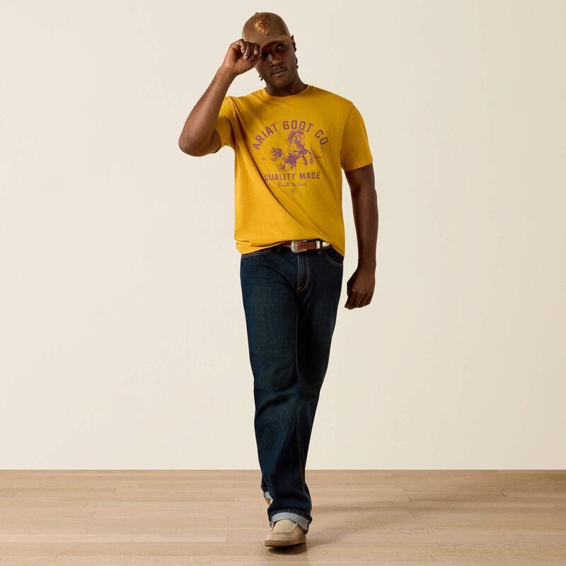 Yellow t-shirt with purple 'Ariat Boot Co.' logo and text on a yellow background