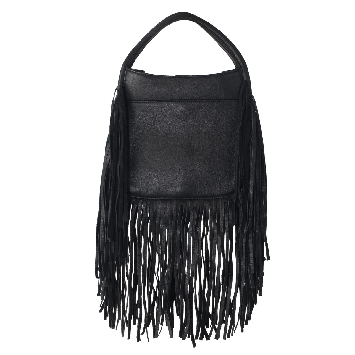 Black leather handbag with fringe details on a white background