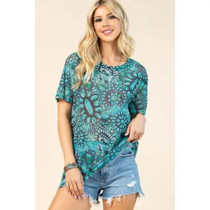 MARGO Turquoise Print Semi Sheer Mesh Top