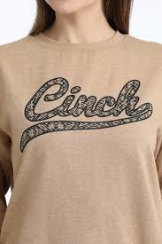 Women's Beige Sweatshirt featuring a black "Cinch" logo.