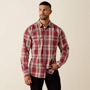 Red and beige plaid snap shirt
