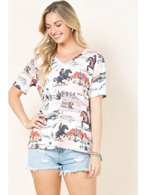 SOPHIE Western Cowboy Print V Neck Short Sleeve Tee