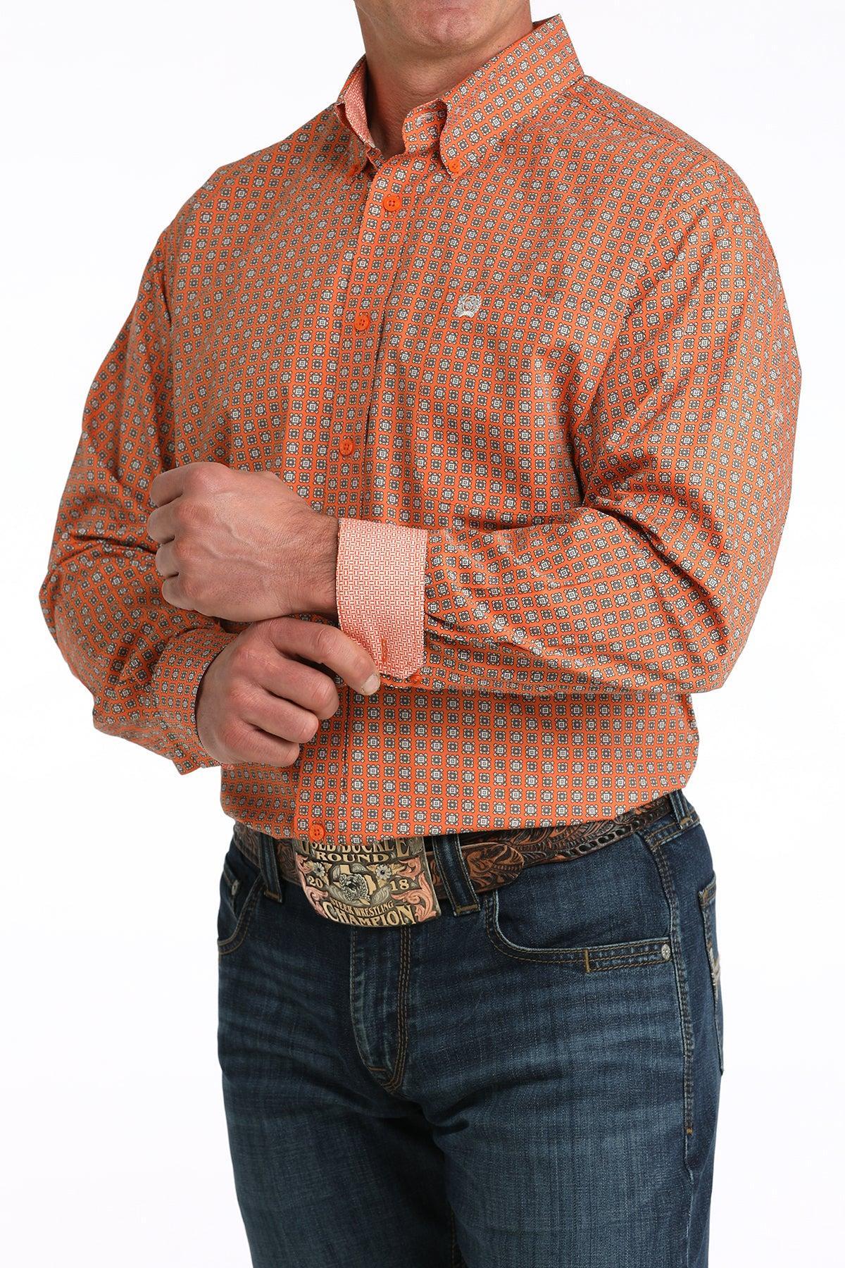 Cinch Men's Orange Geometric Print Button Down Shirt