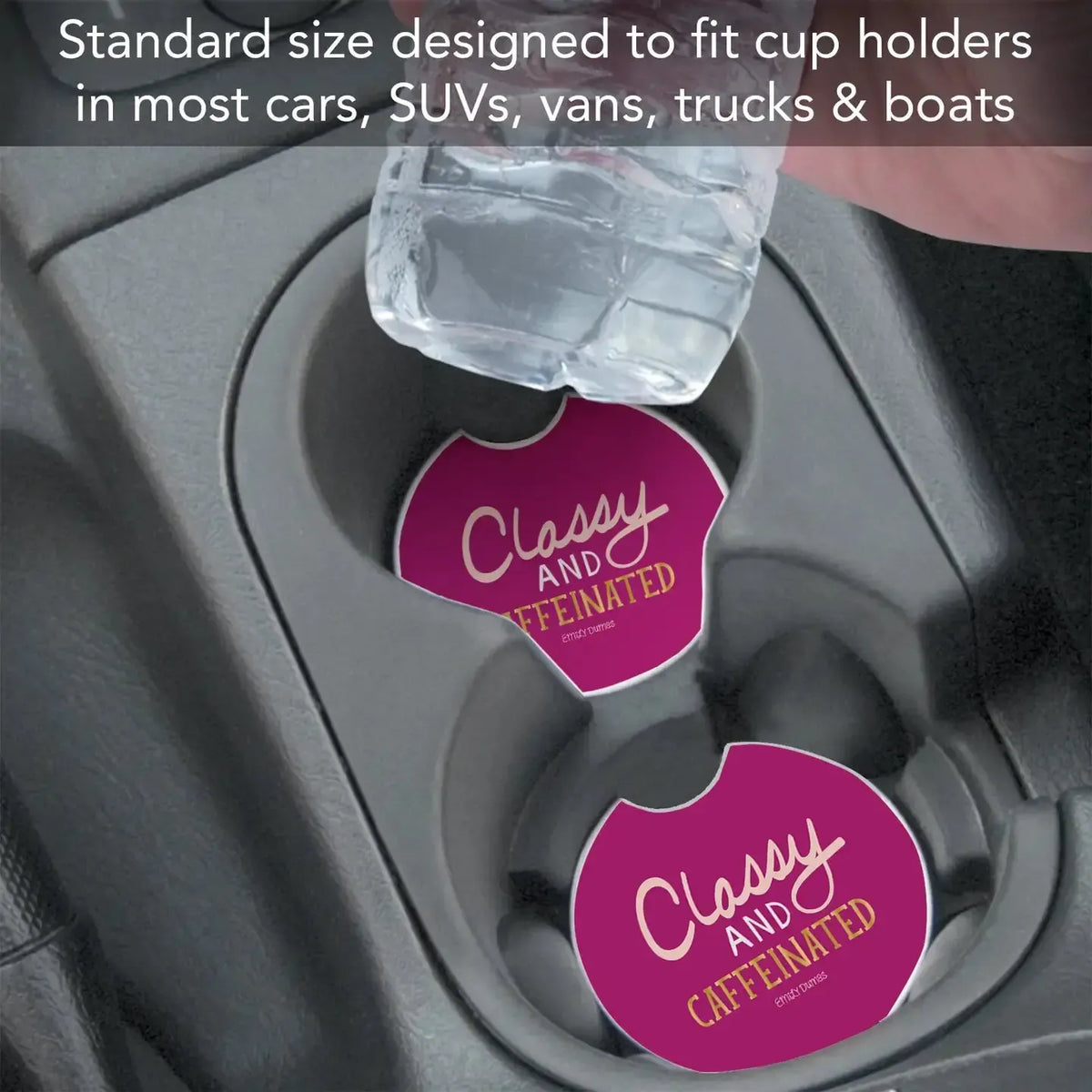 Pink car cup holder coasters with 'Classy and Caffeinated' text in a car cup holder.