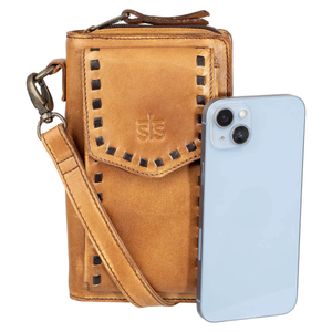 Brown leather phone case with strap and blue phone on a white background