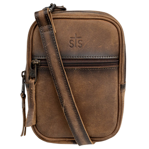 Brown leather crossbody bag with visible brand logo on a white background