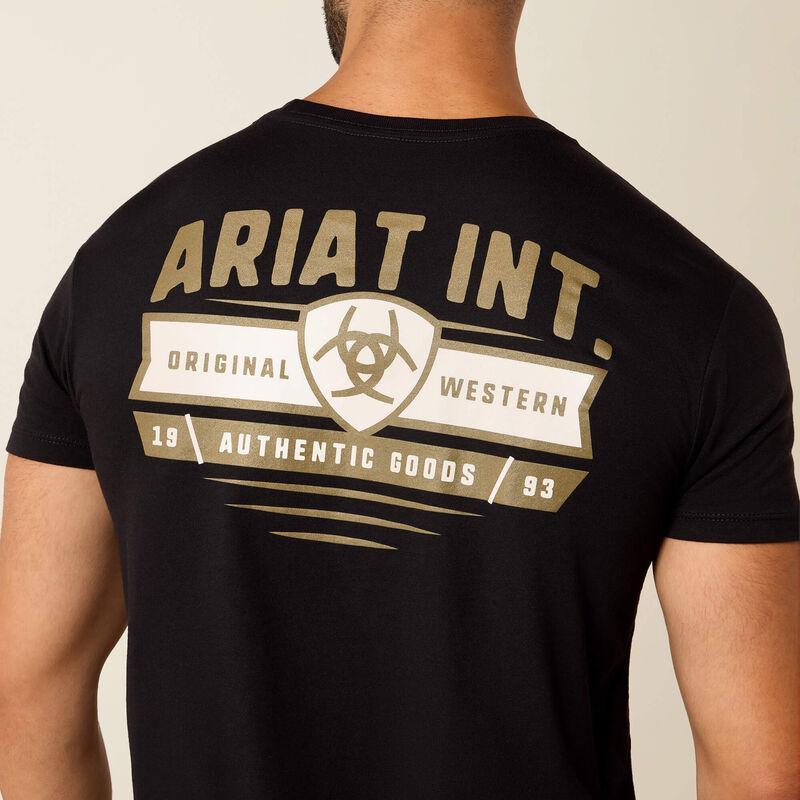 Man wearing a black t-shirt with 'Ariat Int.' logo on the back