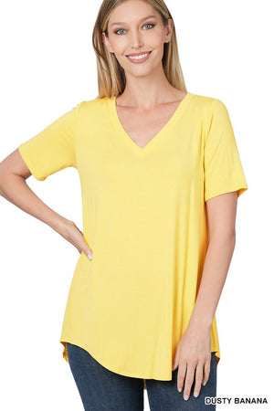 ZENA LUXE RAYON SHORT SLEEVE V-NECK HI-LOW HEM TOP