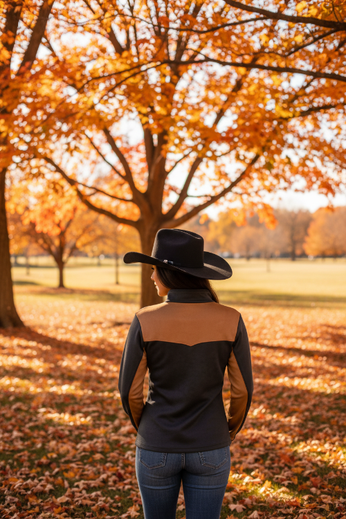 A woman shown from the back wearing a black long-sleeve top with tan color-blocked shoulder and upper back panels.