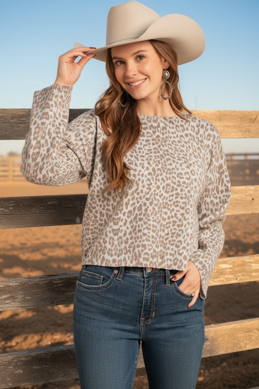 A woman wearing a beige and brown cheetah print knit sweater.