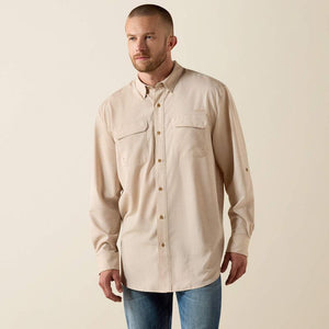 Long sleeve beige btton up shirt.