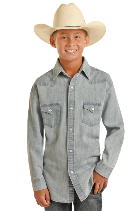 Boys' Slim Fit Light Wash Denim Snap Shirt