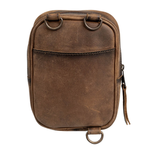 Brown leather pouch with multiple straps on a white background