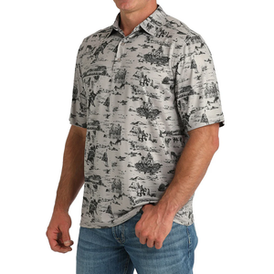 CINCH MENS GREY WESTERN SCENE POLO