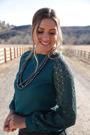 Cruel Girl Women's Knit Top with Crocheted Sleeves in Forest