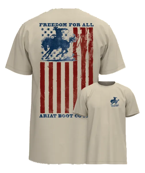 Beige t-shirt with American flag graphic and 'Ariat Boot Co.' branding on a white background