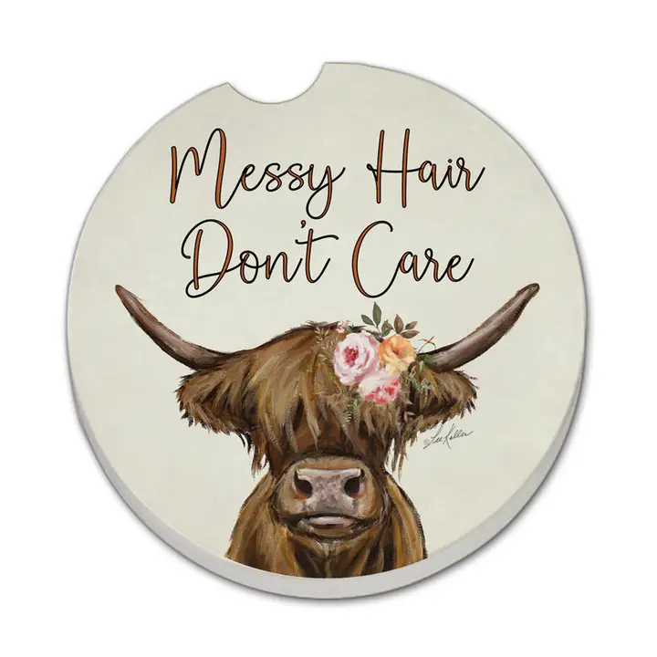 Car coaster with a cow illustration and 'Messy Hair Don't Care' text on a beige background