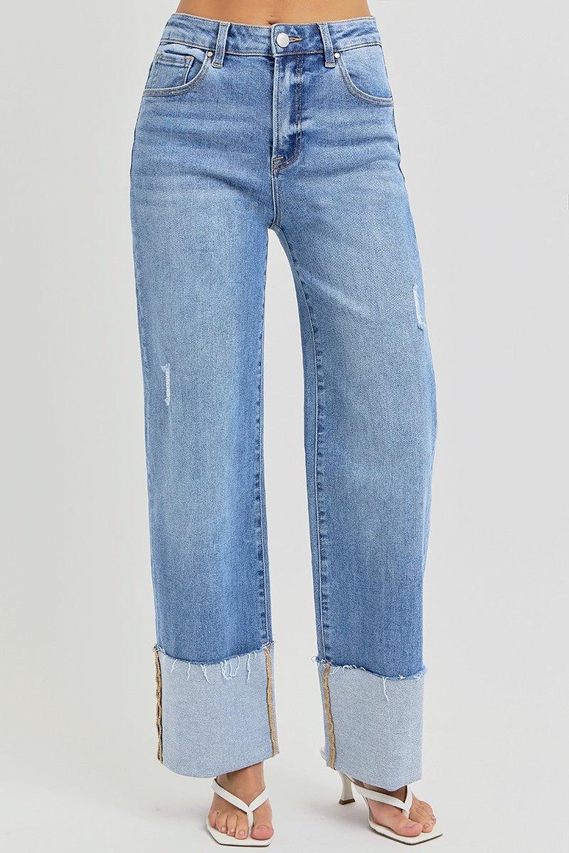 High Rise Ankle Wide Cuffed Jeans