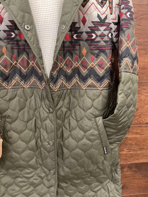An olive green quilted jacket with a colorful geometric pattern across the chest and upper sleeves