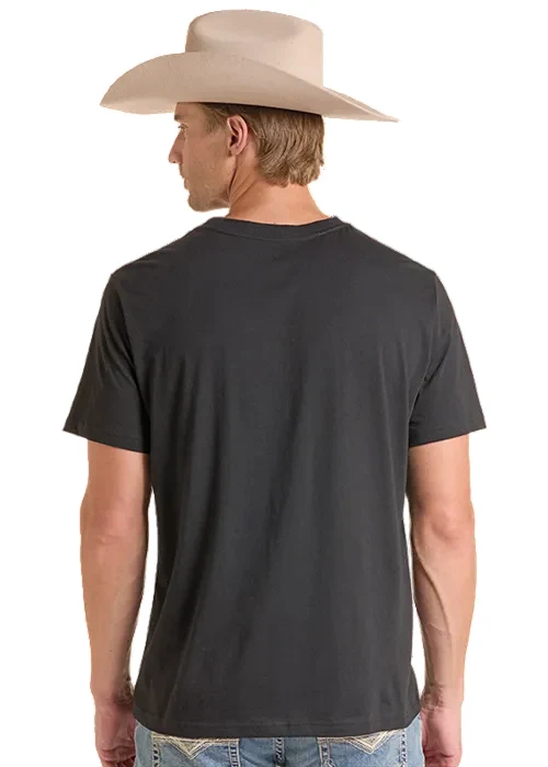 A man shown from the back wearing a dark charcoal gray short-sleeve t-shirt and a light beige cowboy hat, against a plain white background.