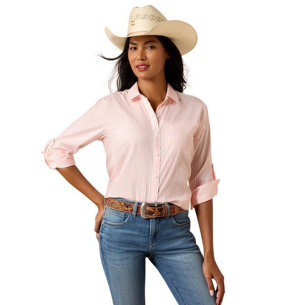 Peach and white striped button up long sleeve shirt