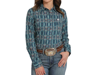 Cinch Women's Navy print Long Sleeve Arenaflex Shirt