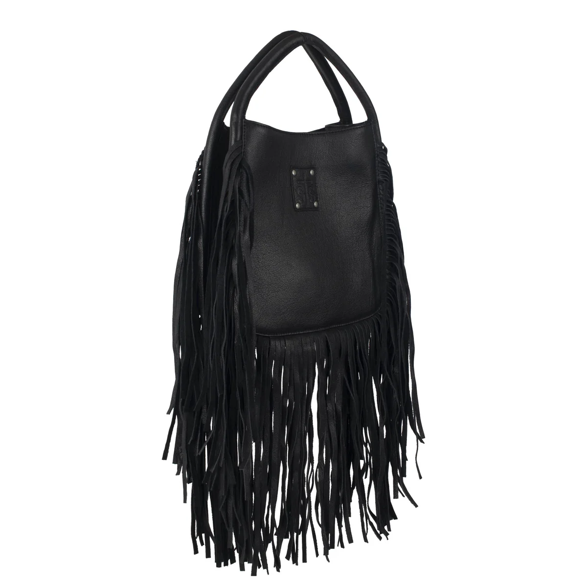 Black fringed handbag on a white background