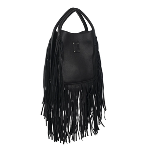 Black fringed handbag on a white background