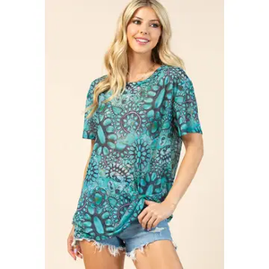 MARGO Turquoise Print Semi Sheer Mesh Top