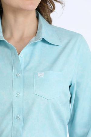 Cinch Women's ArenaFlex Light Blue Paisley Floral Print Button Long Sleeve Western Shirt