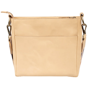Beige handbag with gold accents on a white background