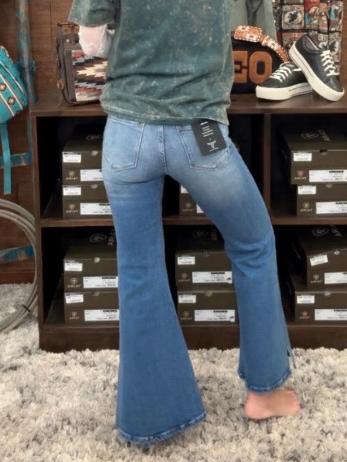 Mid Rise Side Slit Hem Flare Jeans