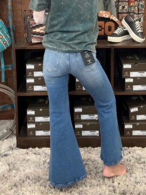 Mid Rise Side Slit Hem Flare Jeans