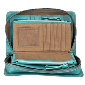 Turquoise leather wallet with a brown interior on a white background