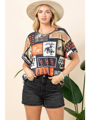 LUCY Western Rodeo Print Folded Sleeve Thermal Tunic