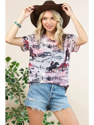 ELAYNE Western Cowboy Print Semi Sheer Mesh Top