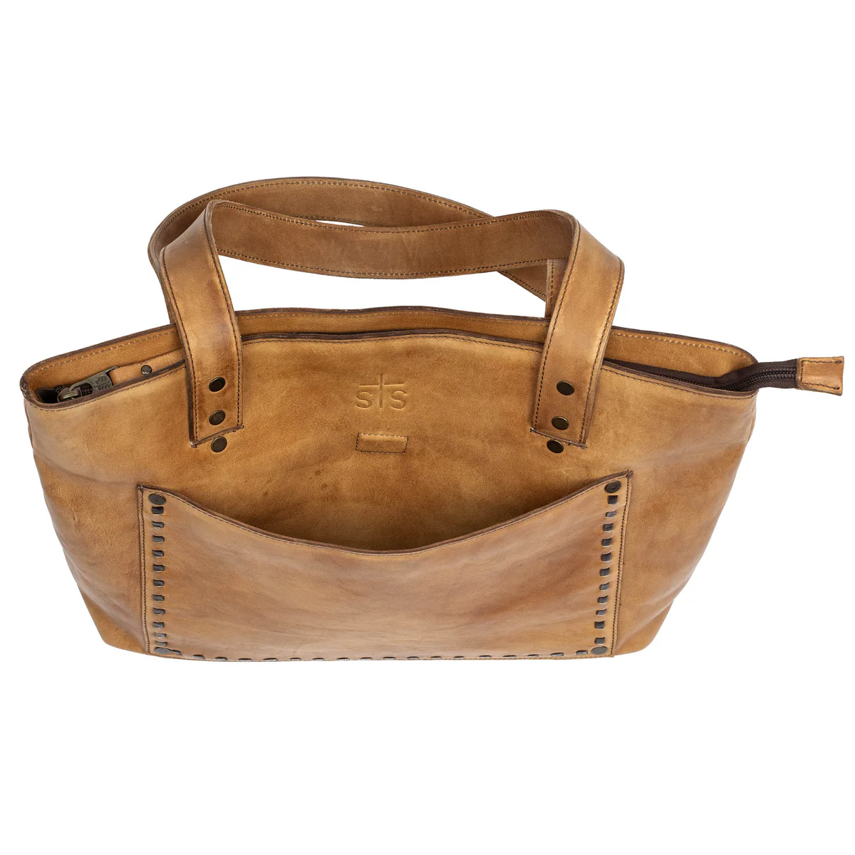 Brown leather handbag with visible brand logo on a white background