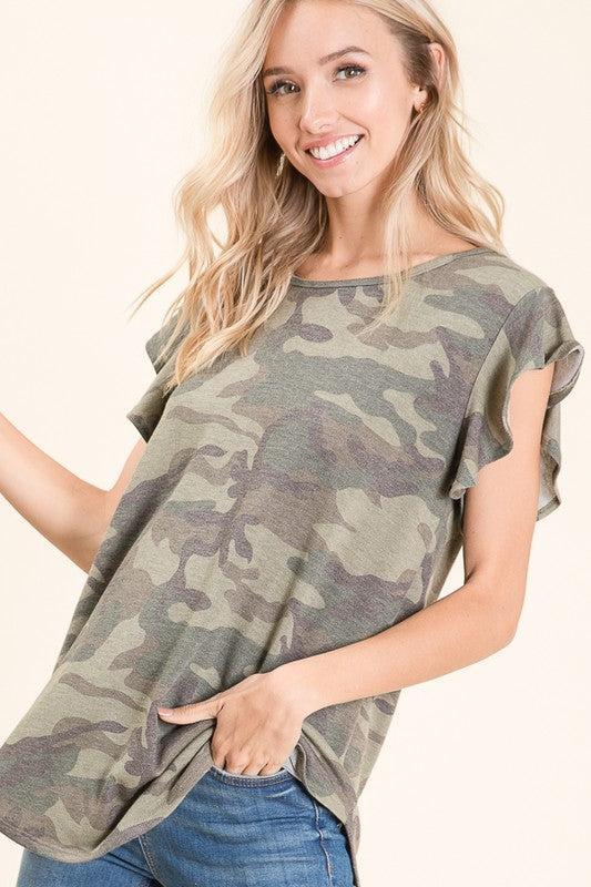 The Camo Ruffle Sleeve Top