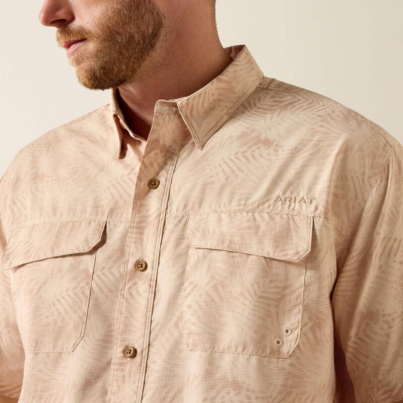Short sleeve button down beige patterned shirt.