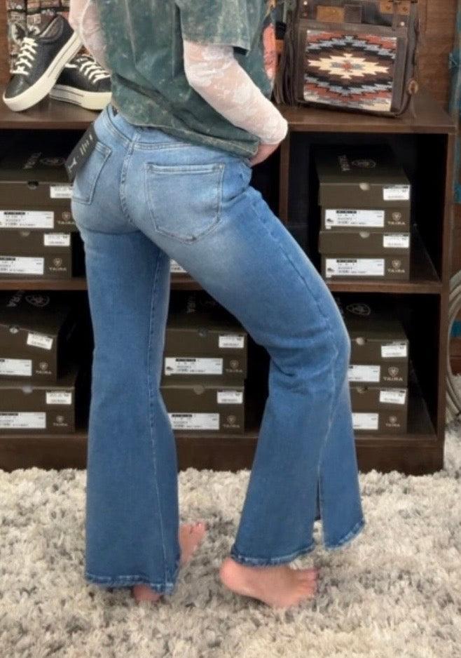 Mid Rise Side Slit Hem Flare Jeans